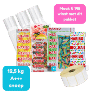 Basispakket 12,5 kg topsnoep met 50 bekers en 50 etiketten met logo (1)