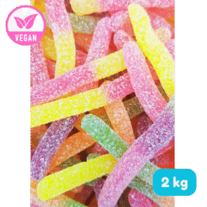 Frisia vegan snoep zure wormen bulk 2 kg bevat kleurrijke zachte snoepwormen met een frisse zure smaak. De mix is volledig vegan en ideaal voor snoepzakken, acties, winkels en particulieren. Monkey House is het goedkoopste van België en levert snel en betrouwbaar. Shop hem nu online bij Monkey House.