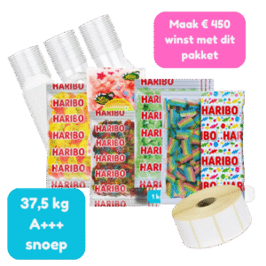Megapakket 37,5 kg topsnoep met 150 bekers en 150 etiketten met logo