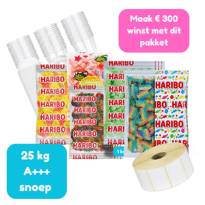 Starterspakket 25 kg topsnoep met 100 bekers en 100 etiketten