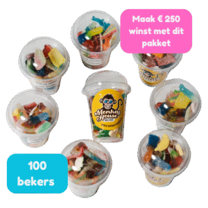 Topperpakket 100 gevulde snoepbekers van 250 gram50 gevulde snoepbekers van 250 gram